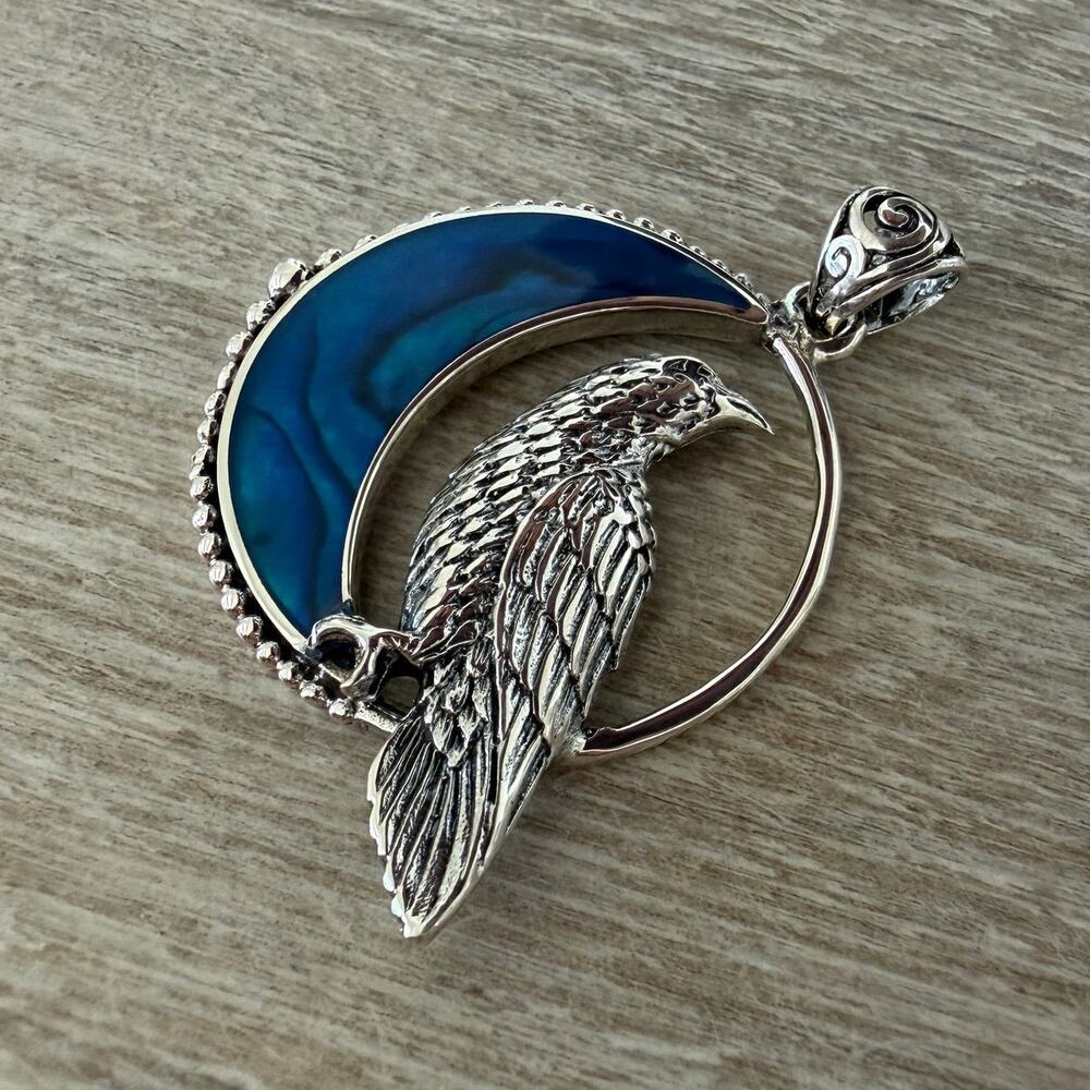 Raven in Crescent Moon Pendant 925 Sterling Silver Blue Shell Inlay